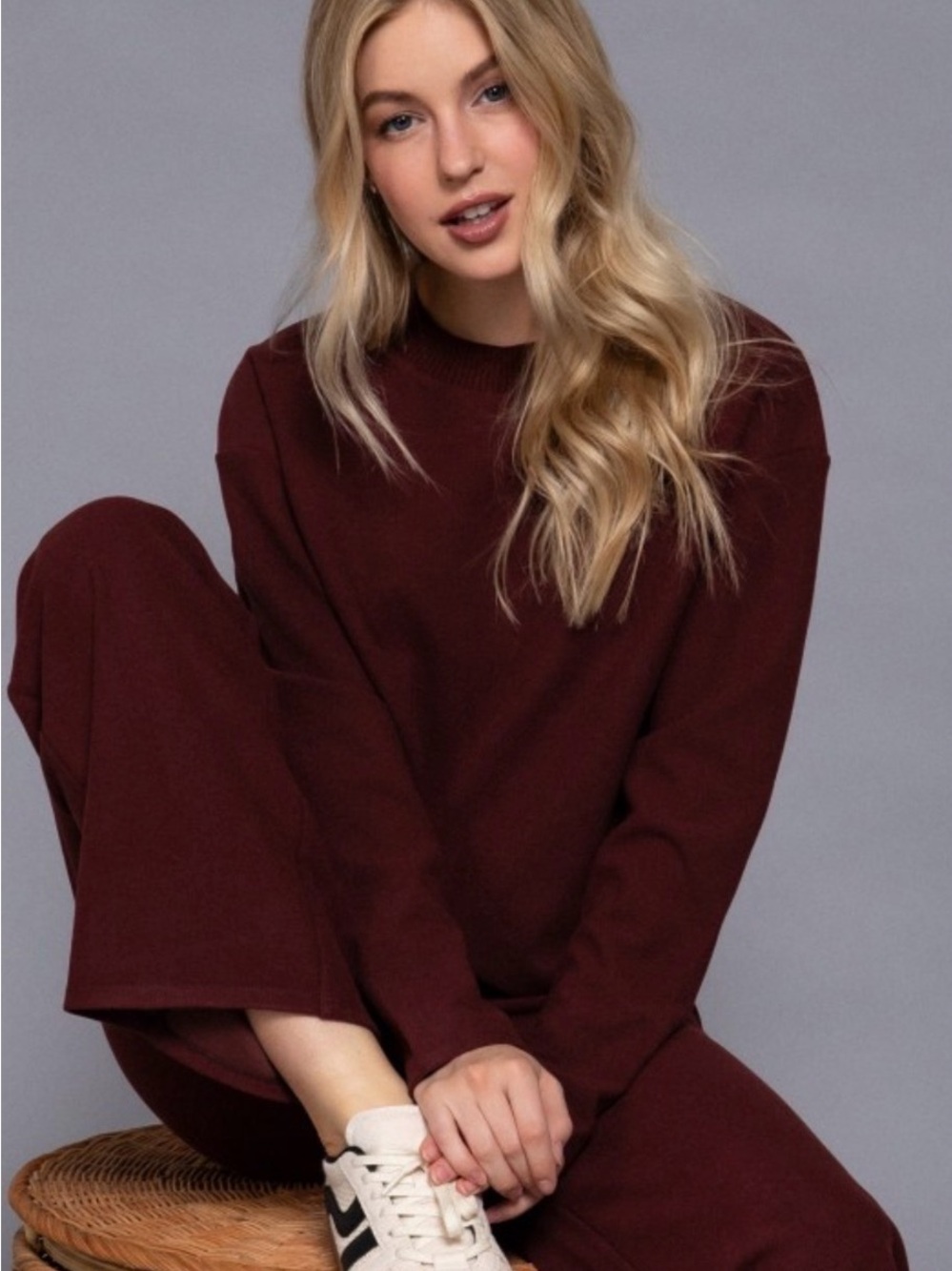 Relaxed Wide-Leg Knit Set in Deep Burgundy